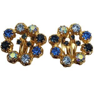 Austrian Crystal Clip Earrings Multi Blue Rhinestones Gold Tone Round Circle AB